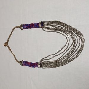 #776 Southwestern Multistrand Metal Seed Bead Necklace Blue/Red Bead Necklace